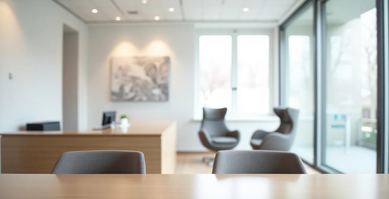 Bureau moderne avec conseiller retraite en rendez-vous professionnel, atmosphère accueillante