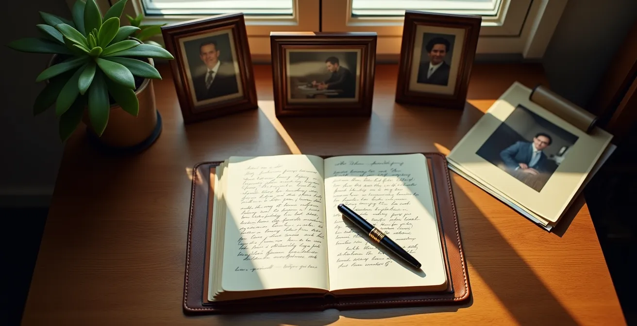 Bureau en transition avec des objets personnels et professionnels mélangés, symbolisant l'héritage d'une carrière.