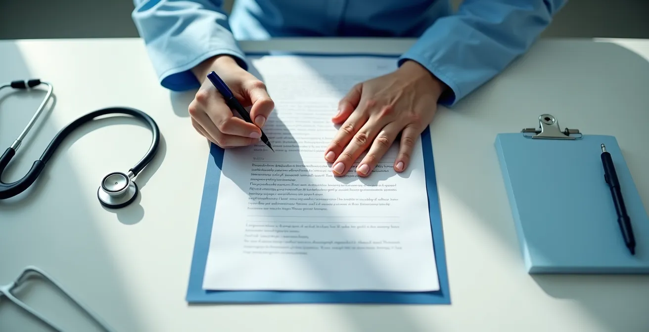 Vue en plongée d'un bureau médical avec certificat et stylo, ambiance professionnelle