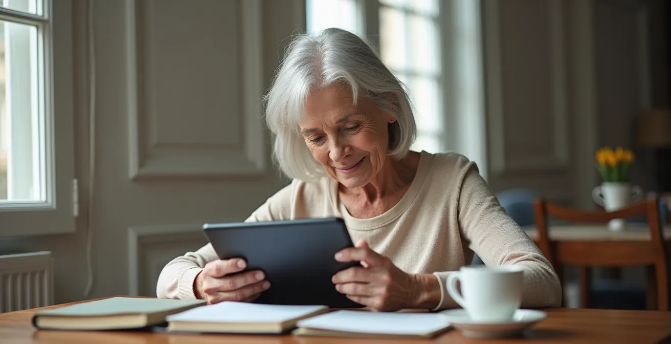Senior français utilisant une tablette pour apprendre de nouvelles compétences