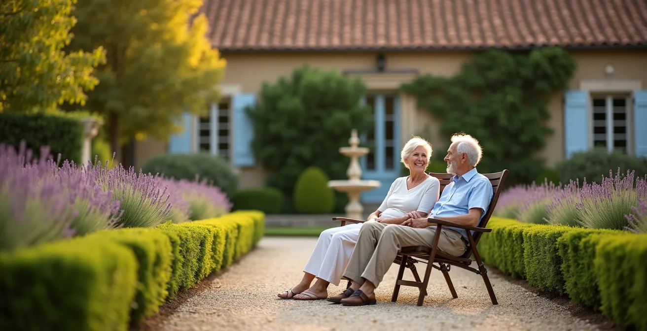 Couple de seniors souriants et épanouis dans un jardin à la française ensoleillé