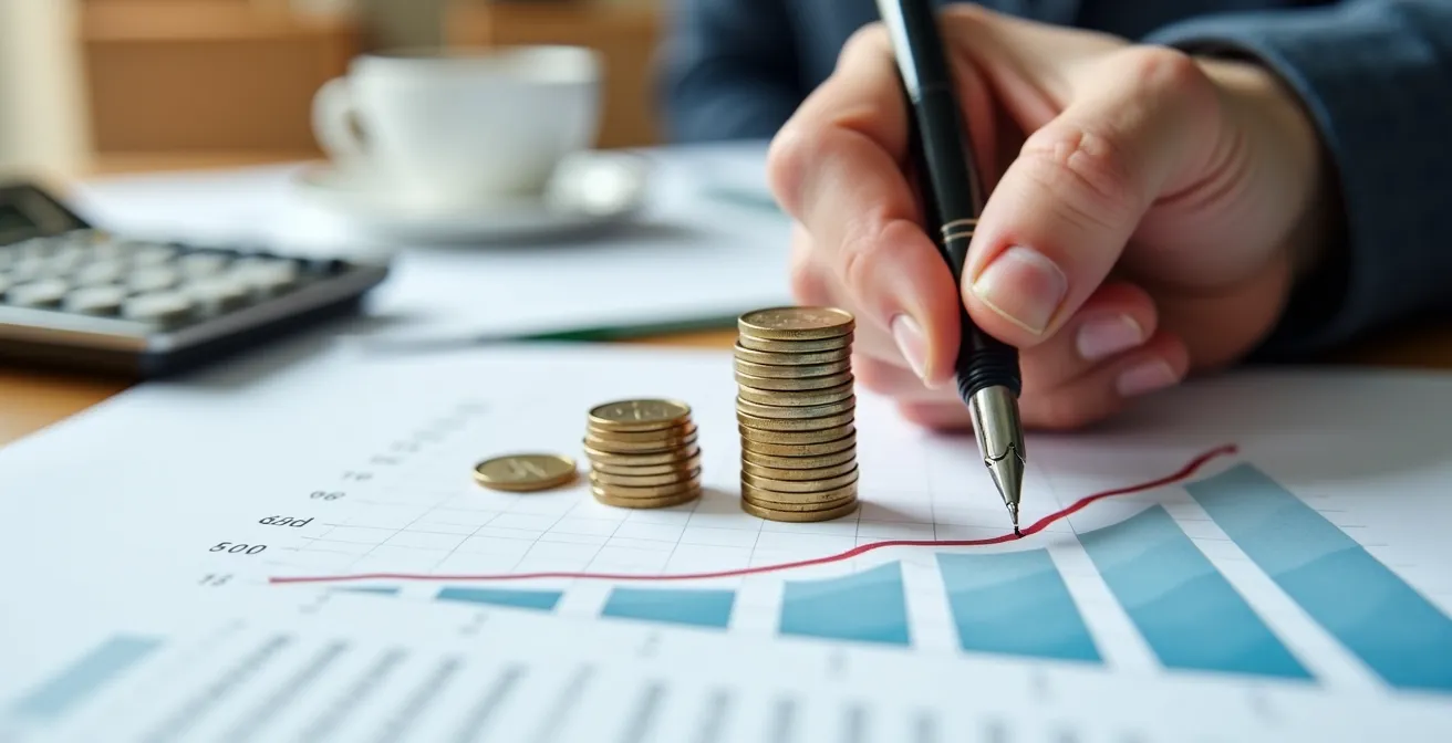 Vue rapprochée d'une main traçant une courbe ascendante sur papier millimétré avec pièces d'euros empilées en progression croissante