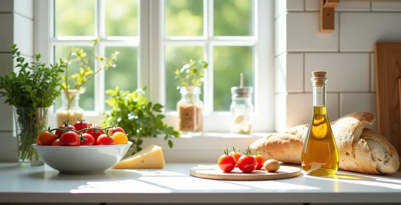 Plan de travail de cuisine avec ingrédients frais et simples adaptés aux seniors vivant seuls