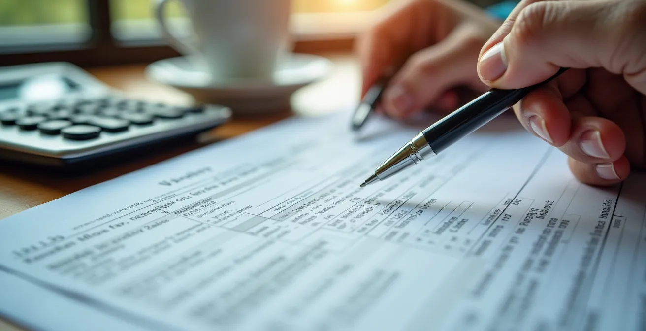Vue macro de mains remplissant une déclaration avec documents fiscaux flous en arrière-plan