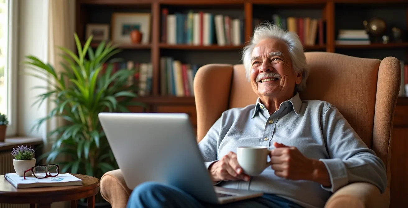 Personne détendue effectuant sa demande de retraite en ligne depuis son salon confortable