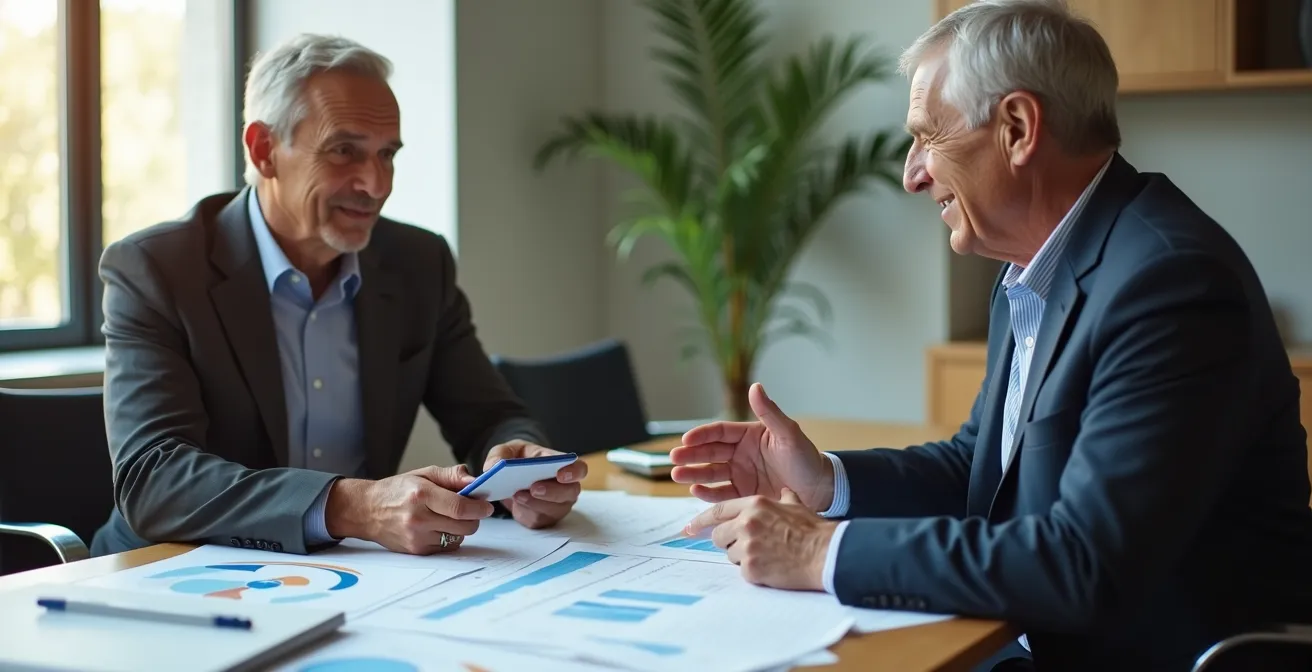 Conseiller retraite et client en discussion autour de documents financiers dans un bureau lumineux