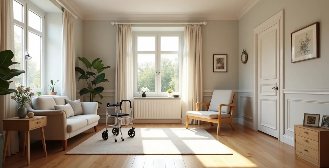 Intérieur lumineux d'un salon adapté pour senior avec déambulateur et aménagements spécifiques