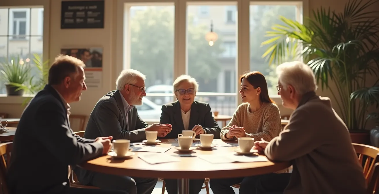 Groupe de personnes d'âges variés en discussion conviviale dans un café, symbolisant l'équipe de soutien à la retraite.