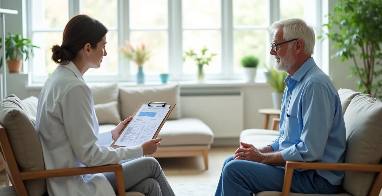 Professionnel de santé évaluant le niveau d'autonomie d'une personne âgée dans un salon lumineux