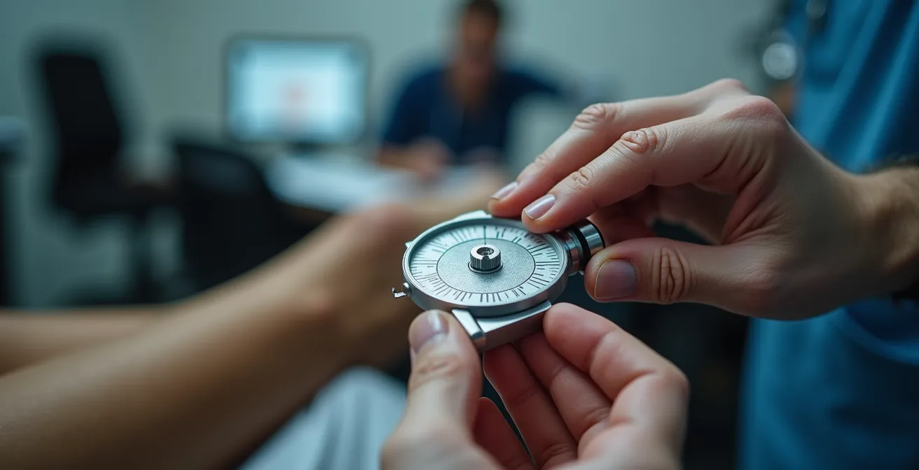 Gros plan sur les mains d'un médecin expert manipulant un goniomètre pour mesurer l'amplitude articulaire
