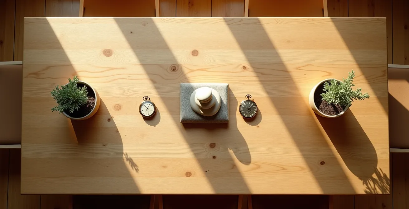 Vue aérienne d'objets symbolisant un partage équitable entre héritiers