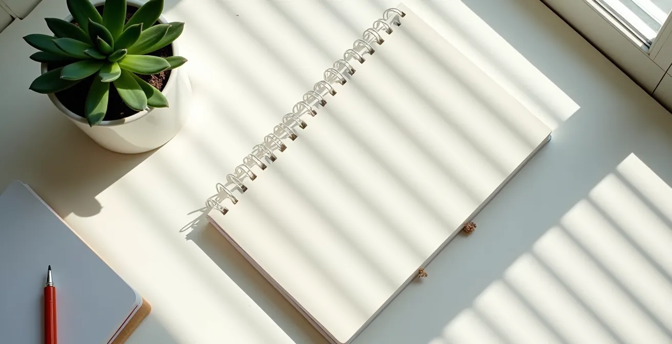 Vue aérienne minimaliste d'un bureau épuré avec agenda et plante verte, symbolisant l'organisation et le choix.