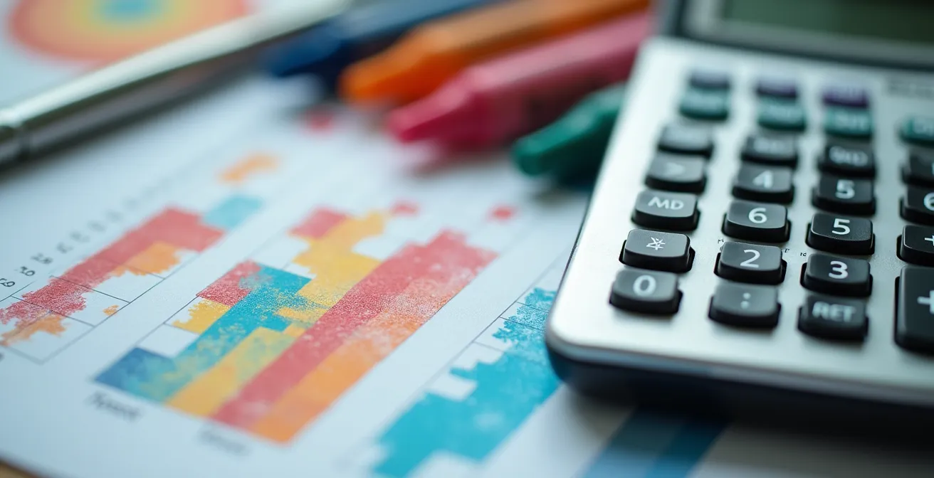 Vue macro de documents financiers avec graphiques colorés et calculatrice