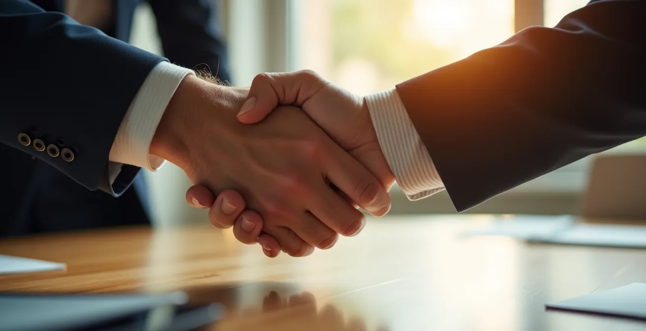 Poignée de main professionnelle symbolisant un accord mutuel bénéfique entre un senior et son employeur.