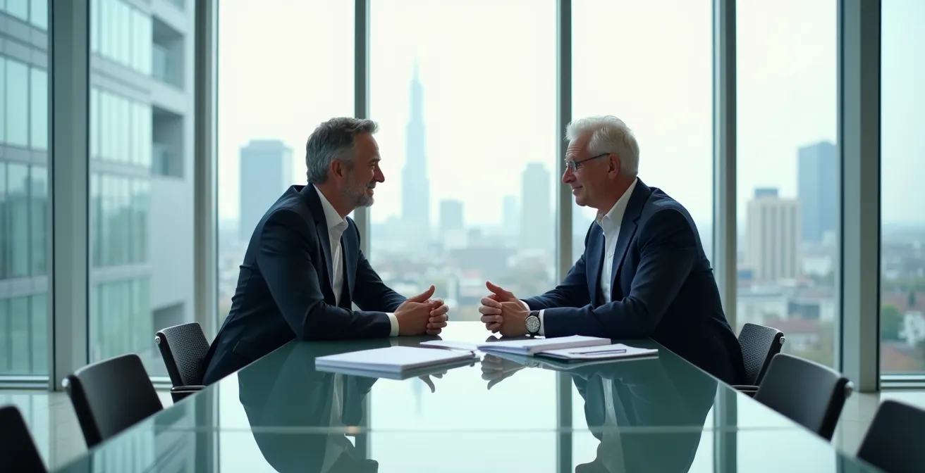 Discussion professionnelle entre un senior et son manager dans un environnement de bureau