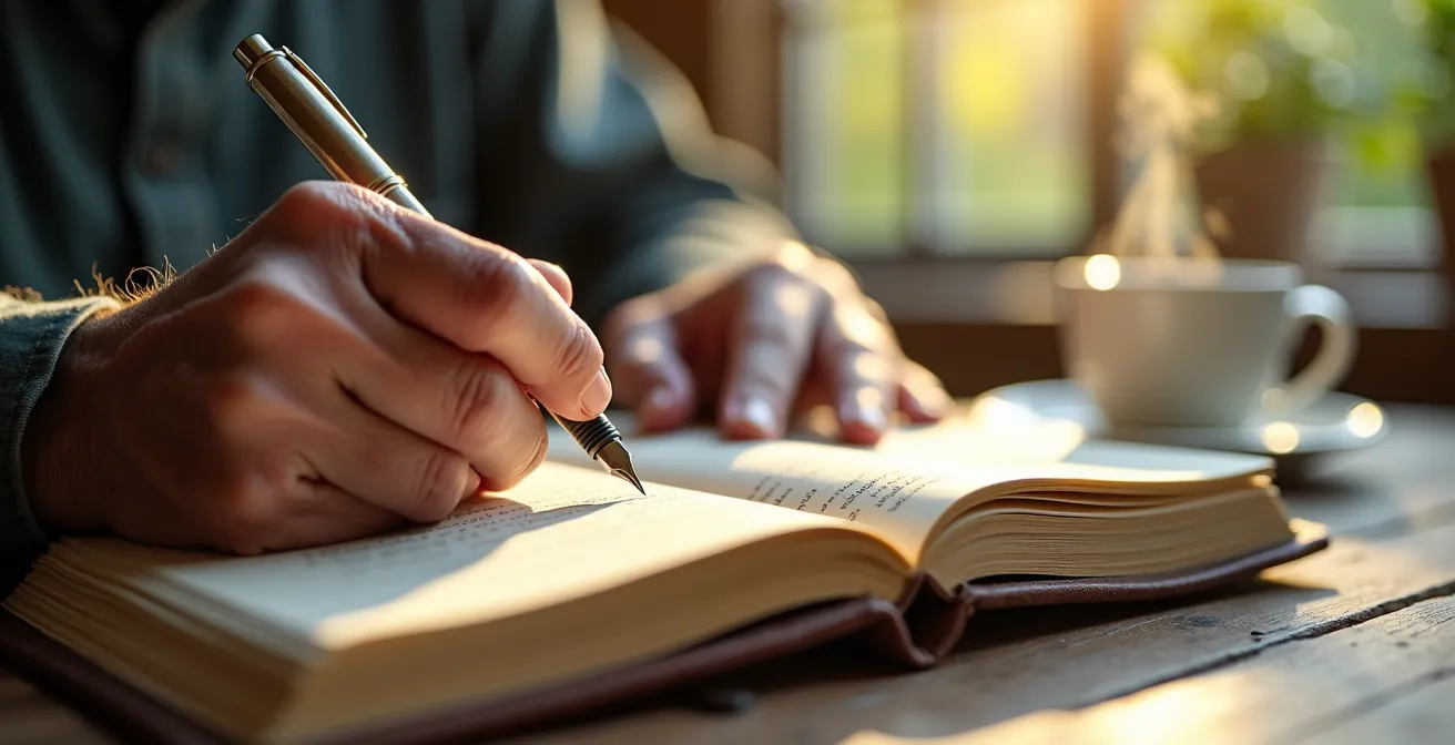 Main de senior écrivant dans un journal de gratitude avec thé et jardin en arrière-plan