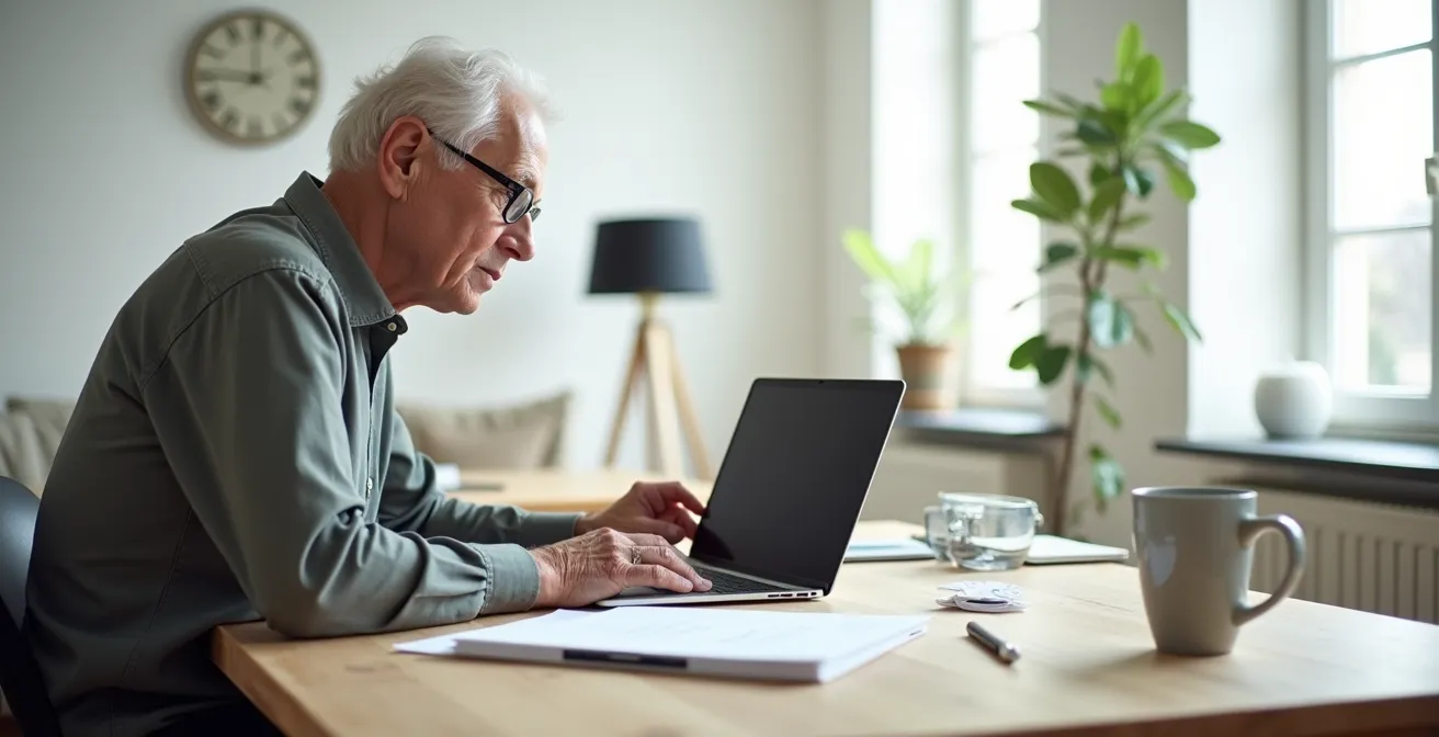 Personne senior de dos travaillant sur des calculs dans un salon lumineux
