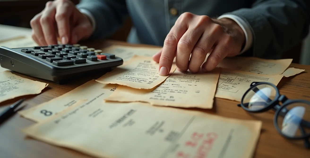 Mains parcourant des documents anciens sur un bureau en bois avec calculatrice vintage et lunettes, évoquant la recherche minutieuse de trimestres oubliés