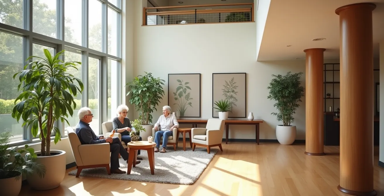 Espace commun lumineux d'une résidence senior avec résidents partageant un moment convivial