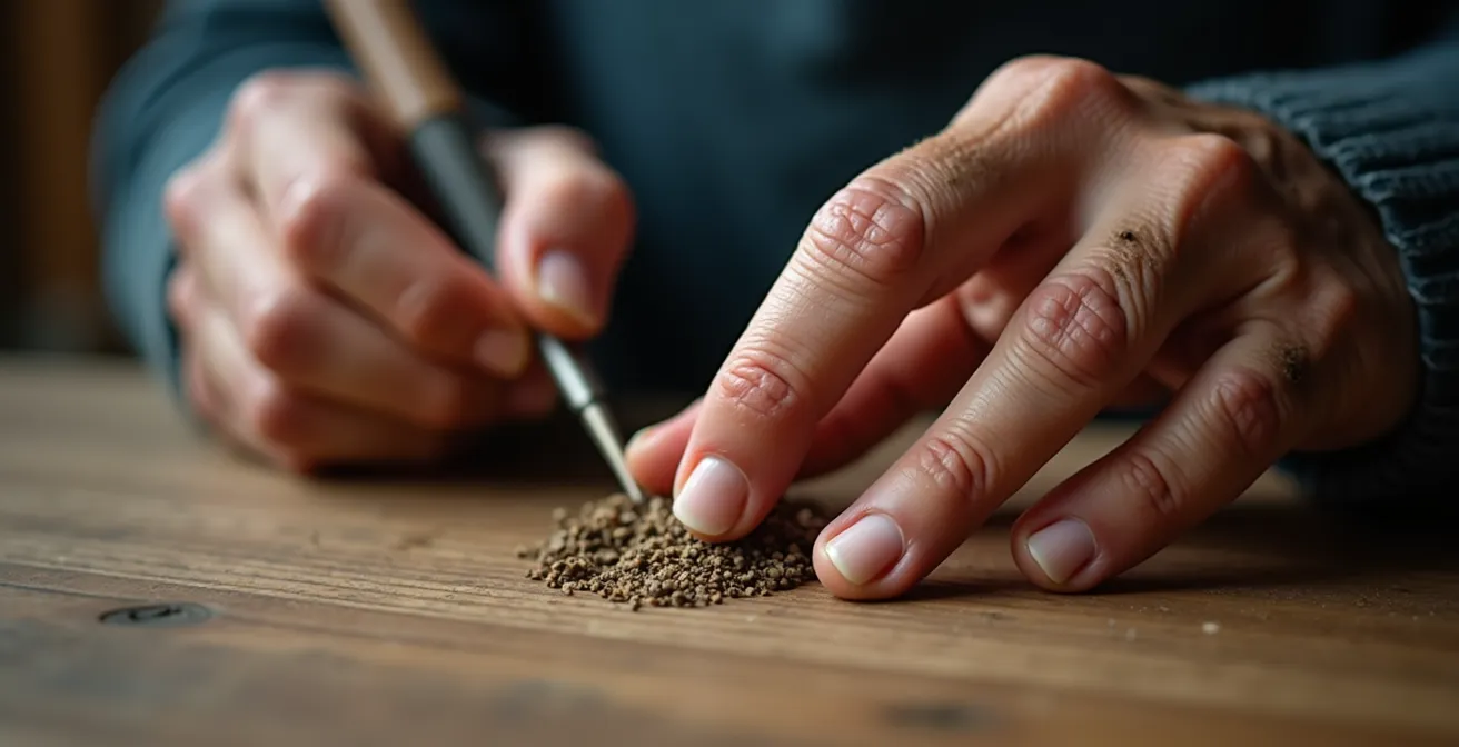 Vue macro de mains expertes travaillant sur un projet artisanal détaillé, symbolisant le capital expérience.