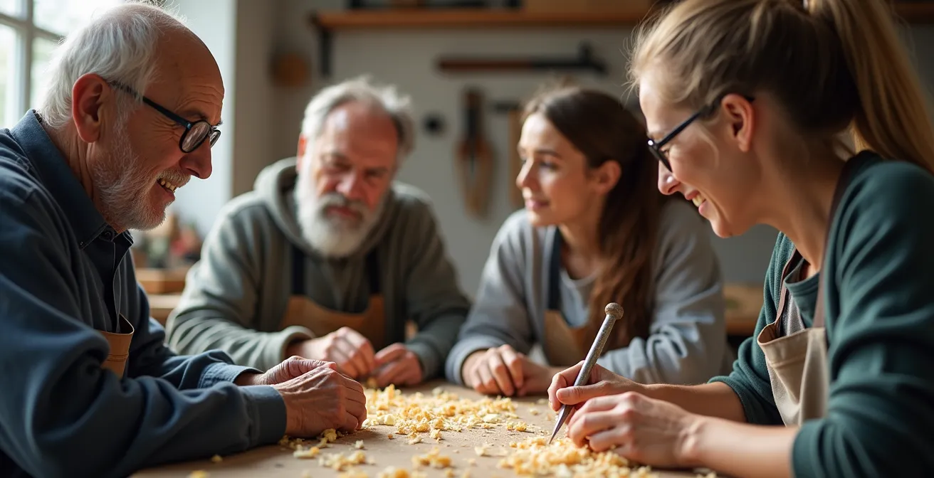 Un senior souriant transmettant son savoir-faire en atelier à un groupe de jeunes adultes attentifs.