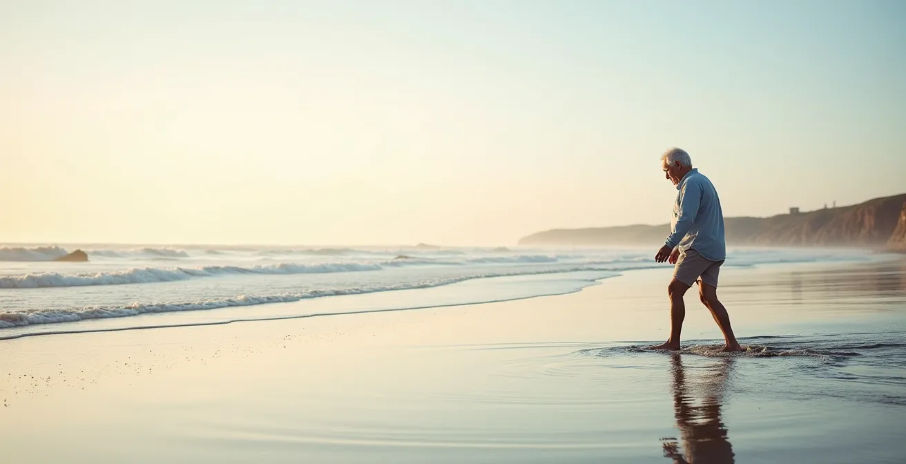 Senior pratiquant le longe-côte sur une plage française au coucher du soleil