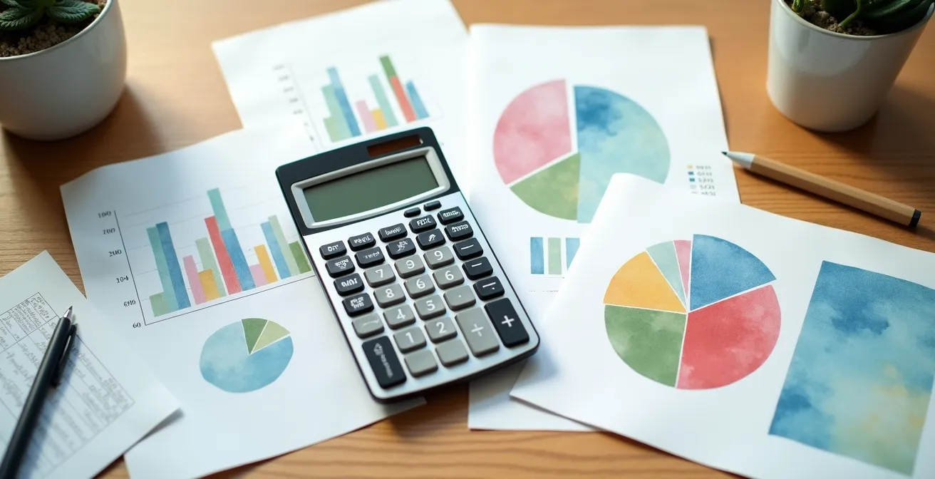 Vue en plongée d'un bureau avec calculatrice et graphiques colorés abstraits