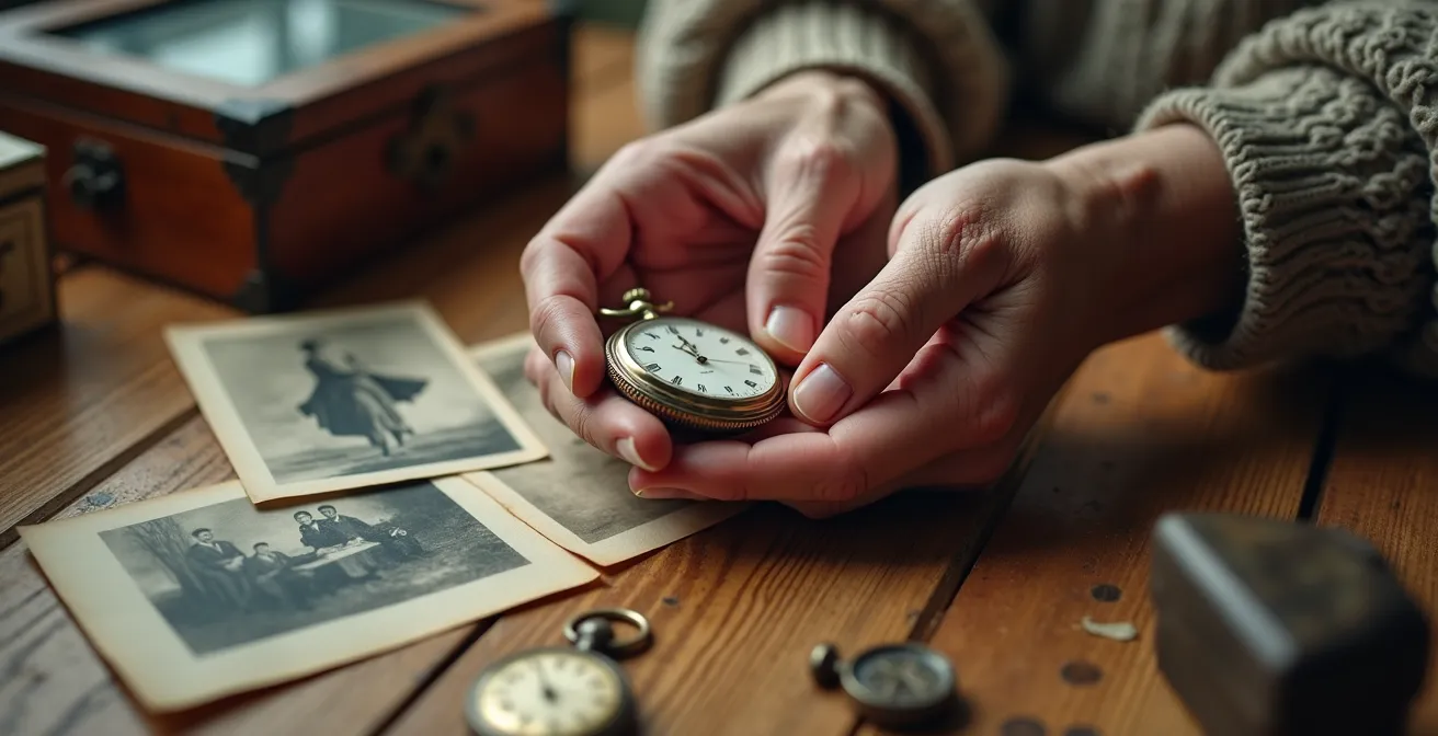 Mains de différentes générations manipulant délicatement des objets souvenirs lors d'un tri