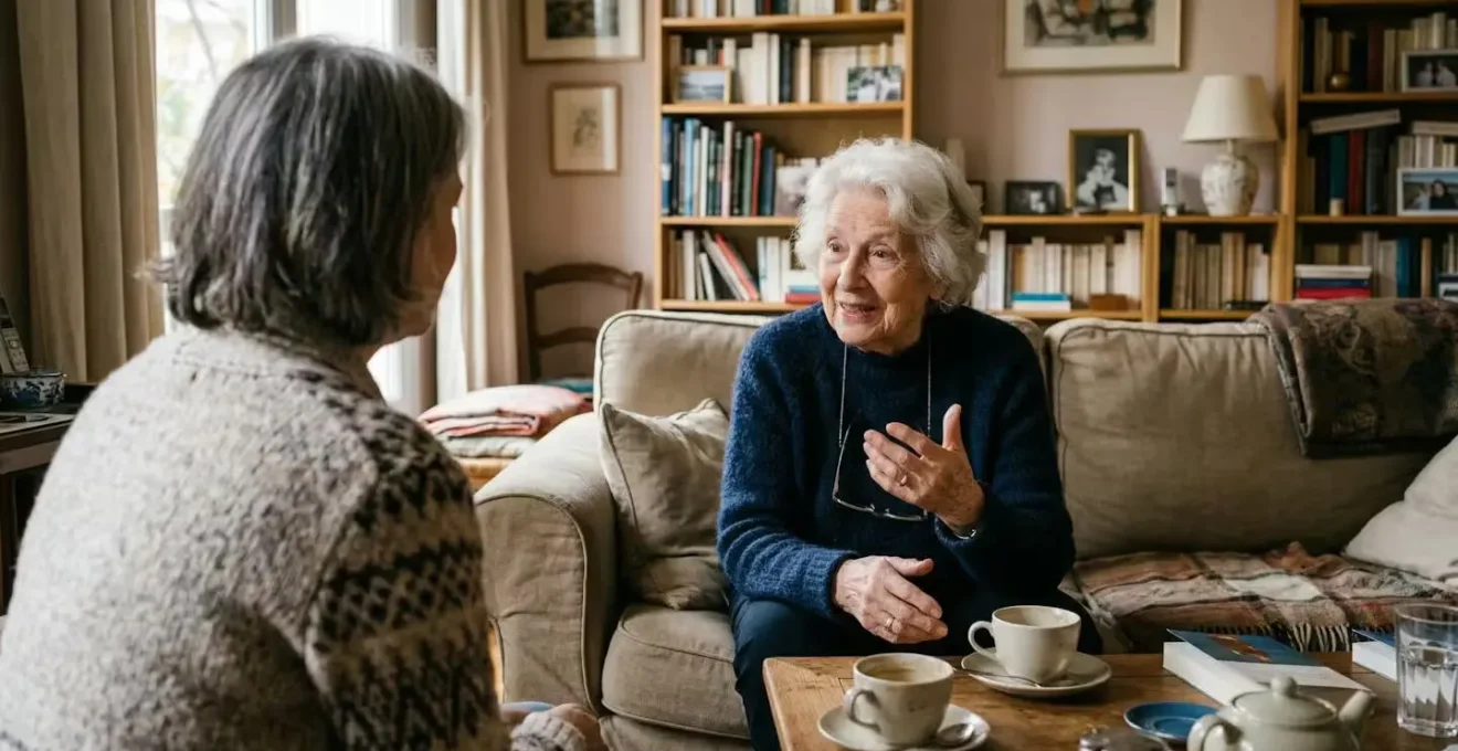 Discussion familiale autour du financement EHPAD dans un salon français
