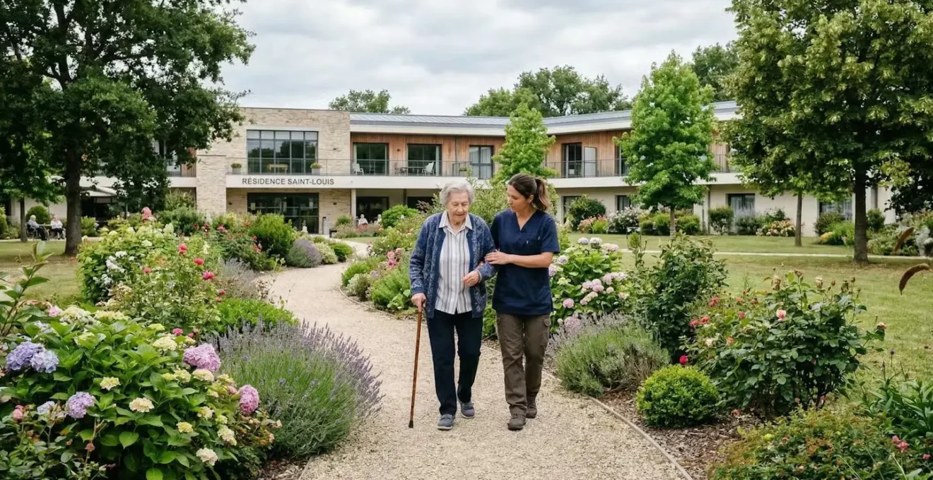 Jardin paysager d'une résidence senior avec résident en promenade accompagnée