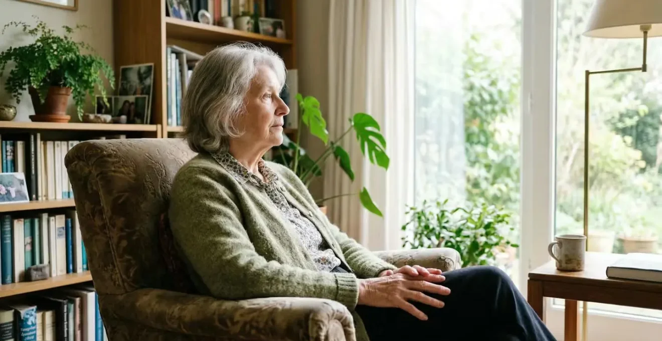 Femme senior réfléchissant près d'une fenêtre dans un intérieur chaleureux