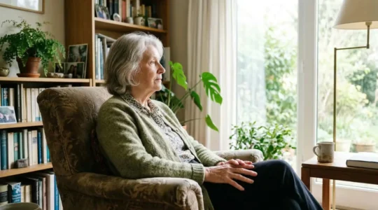 Femme senior réfléchissant près d'une fenêtre dans un intérieur chaleureux