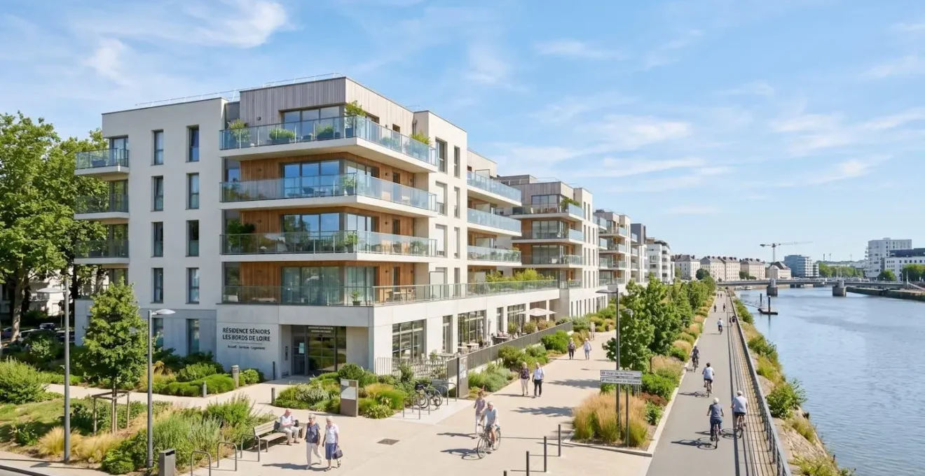 Façade d'une résidence contemporaine dans un quartier nantais, lignes architecturales épurées, environnement urbain propre sous un ciel lumineux