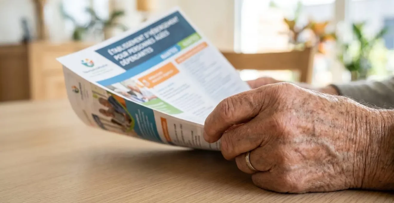 Gros plan sur des mains de personne senior avec une peau réaliste marquée par l'âge, tenant une brochure d'information sur un EHPAD, surface contemporaine propre en arrière-plan flouté