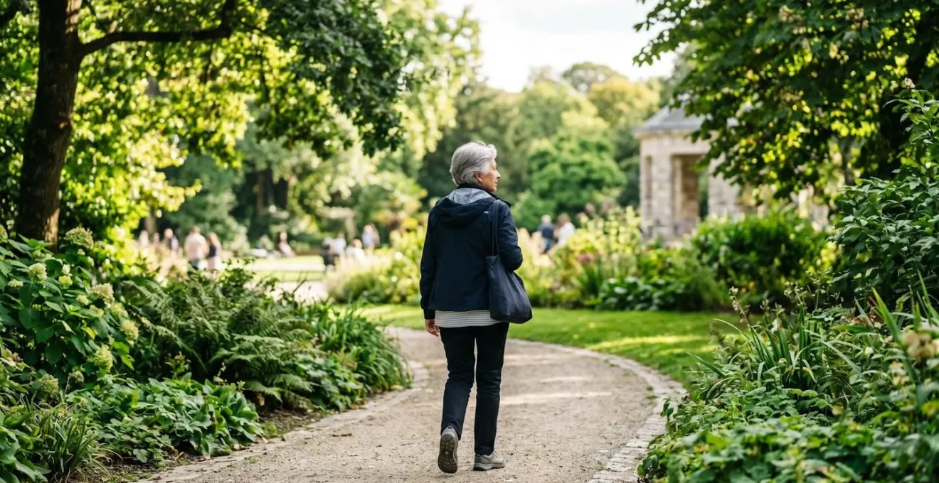 Une personne senior marchant de dos dans un parc verdoyant de Nantes, vêtue de vêtements contemporains décontractés, sous une lumière naturelle douce