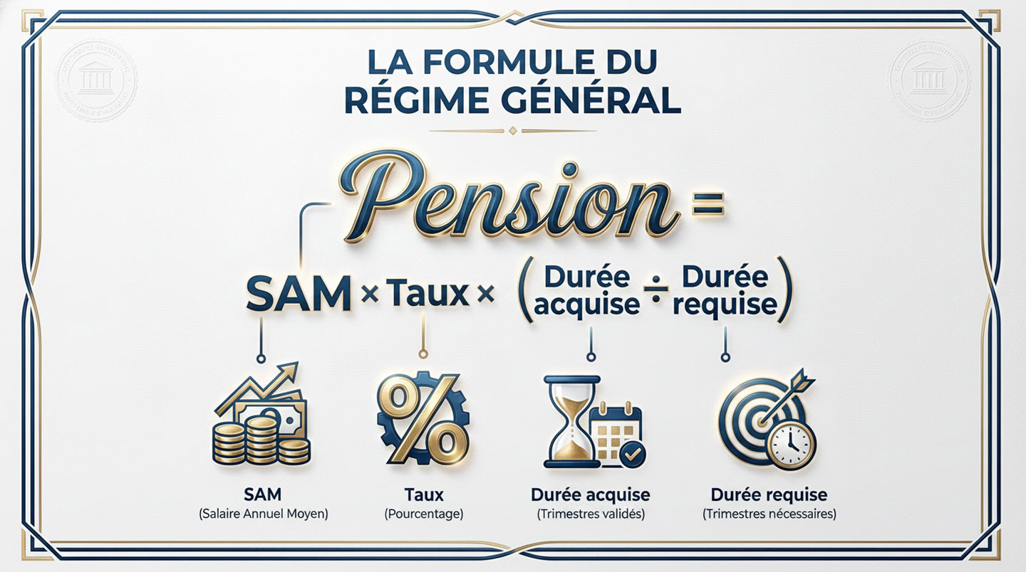 Schéma illustrant les trois composantes du calcul de la pension : salaire annuel moyen, taux de liquidation et durée d'assurance