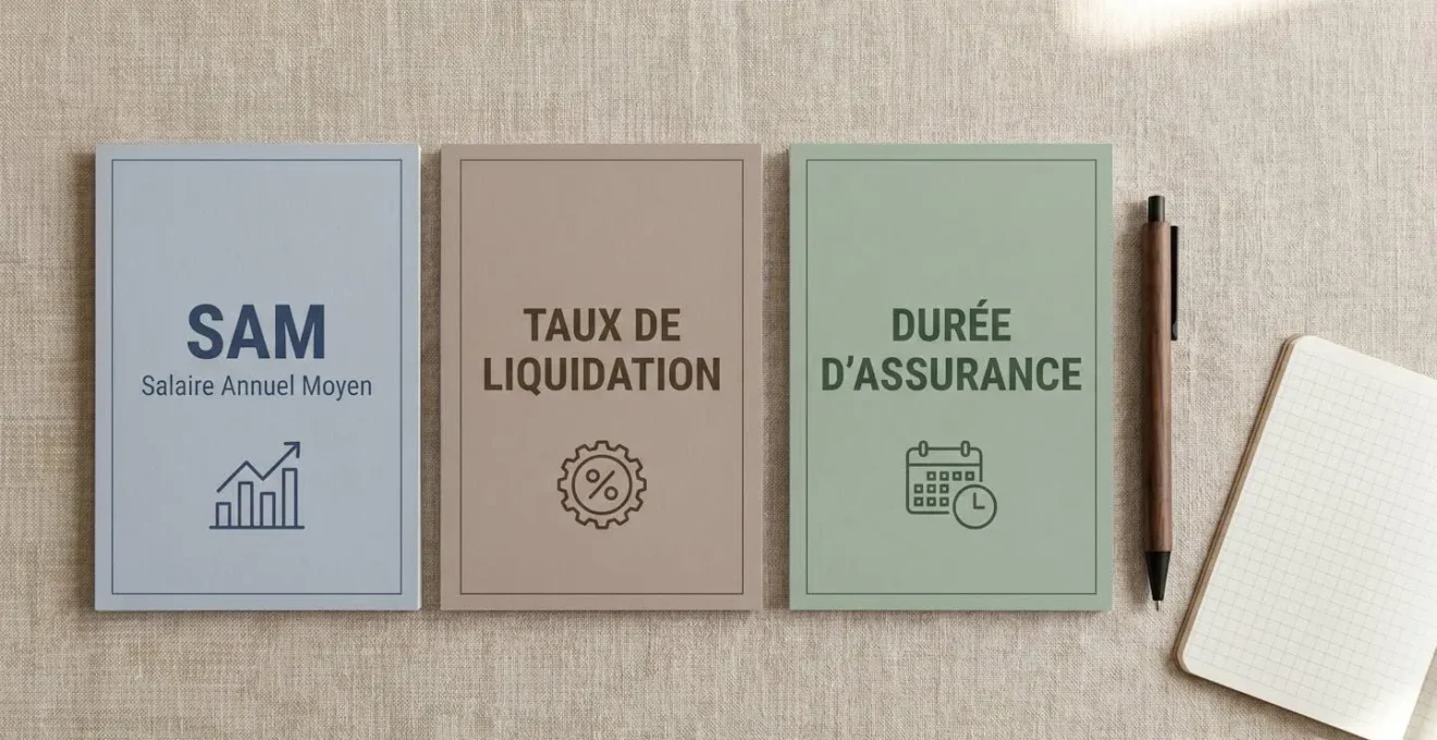 Schéma illustrant les trois composantes du calcul de la pension : salaire annuel moyen, taux de liquidation et durée d'assurance