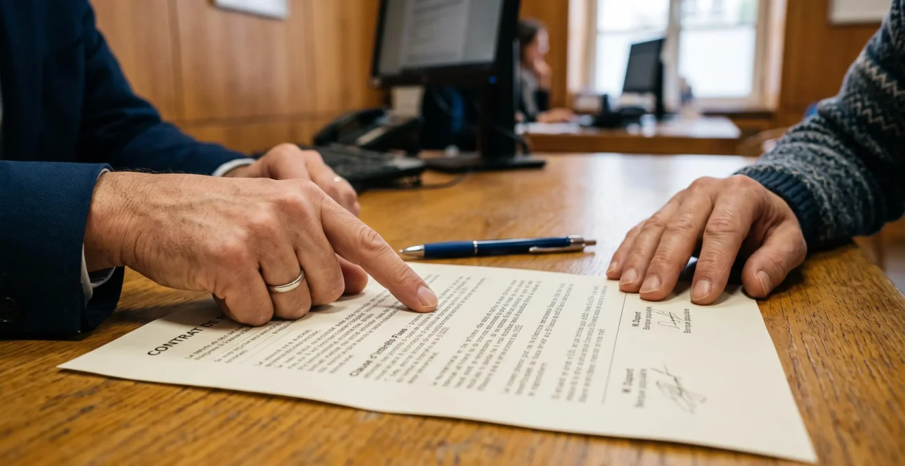 Deux personnes examinent un contrat d'épargne en agence